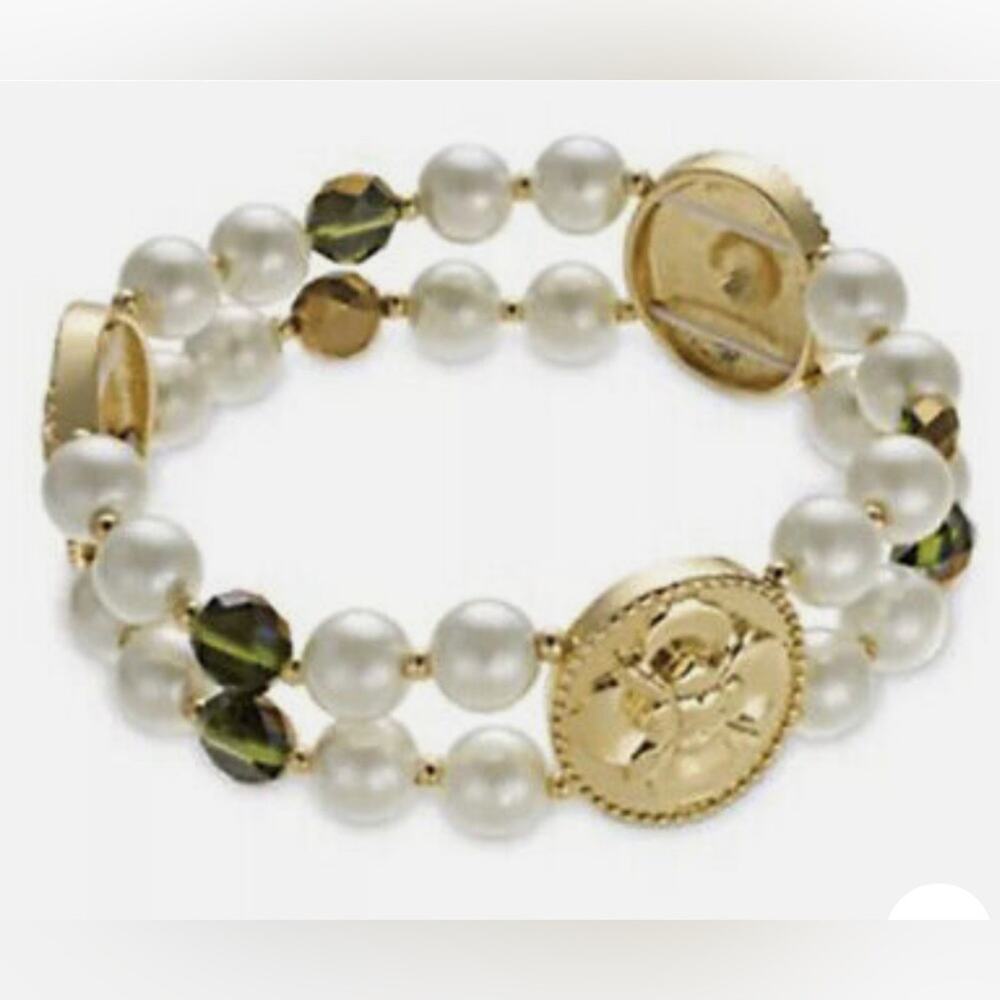 Charter Club Faux Pearl Bracelet Gold Coin & Green Bead Two-Row Stretch New